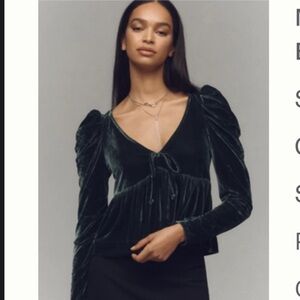 Anthropologie Maeve Deep Green  Ruffled Tie Front Blouse NWT